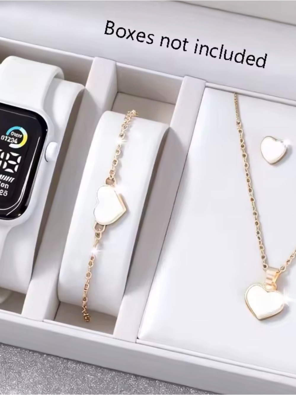 Gold Heart Necklace & Bracelet Set with White Inlay